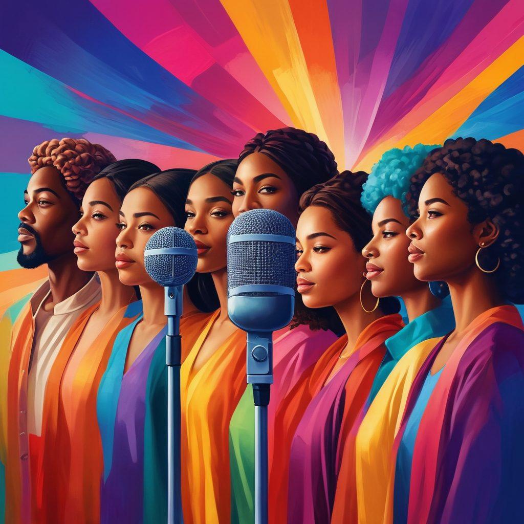 A diverse group of individuals of varying ethnicities and ages, standing together, united in front of a microphone, symbolizing empowerment and voices raised for social justice. A backdrop of colorful, abstract designs representing inclusion and diversity, illuminated with soft, inspirational lighting. The atmosphere lively and hopeful, reflecting the strength of community engagement. vibrant colors. digital painting.