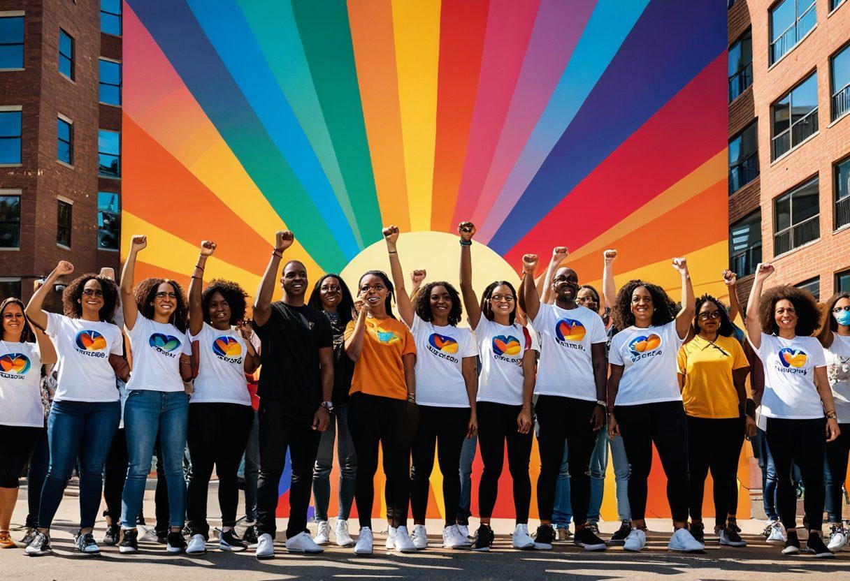 A vibrant, diverse group of people of different races, genders, and abilities standing together, each holding a symbol of empowerment, such as a megaphone or a raised fist. The background should feature intersecting colorful lines representing unity and intersectionality, with a bright sun symbolizing hope. Include elements of urban life to convey a contemporary societal setting. super-realistic. vibrant colors. dynamic composition.