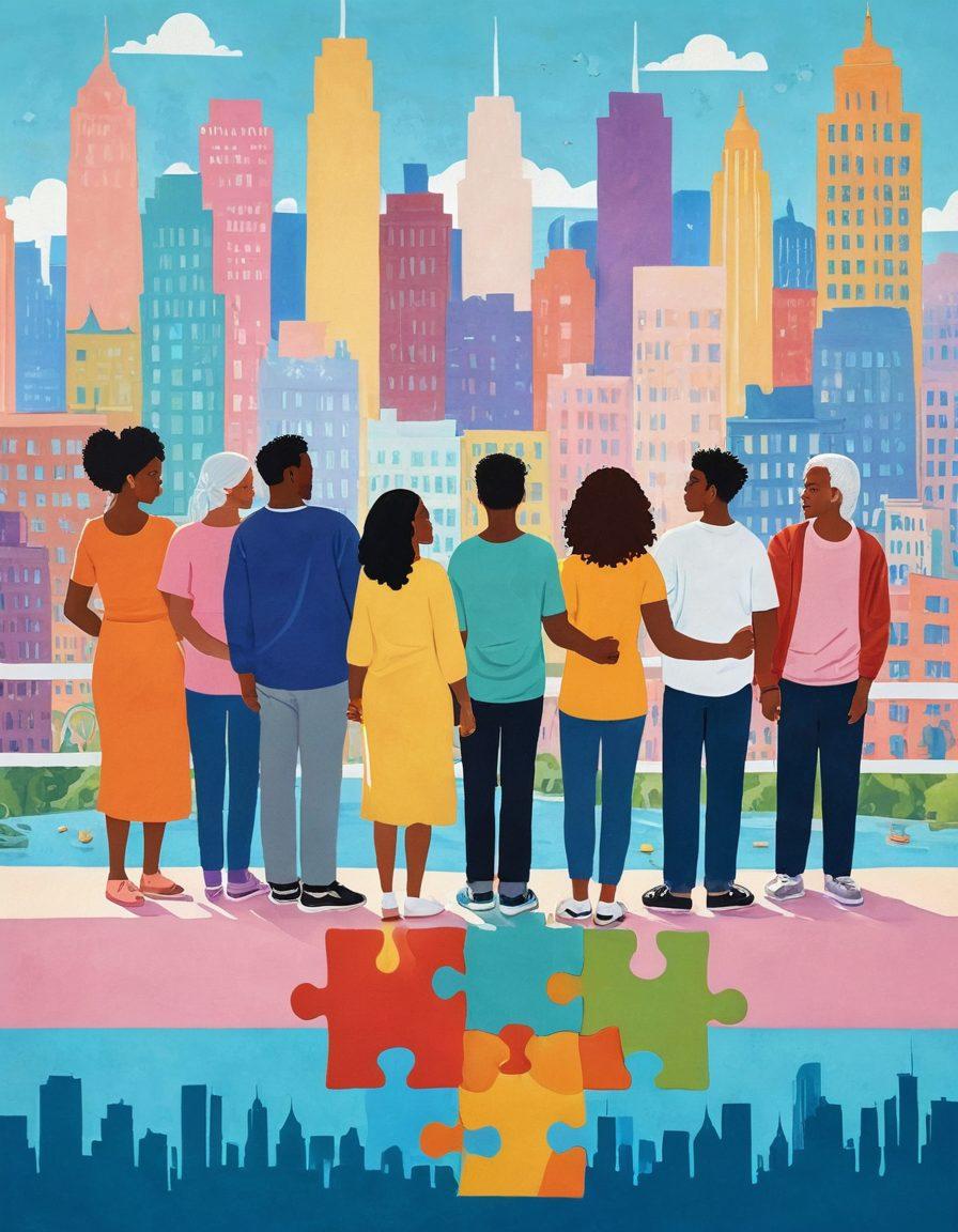 A diverse group of people of different ages, ethnicities, and abilities standing together on a bridge made of interconnected puzzle pieces, symbolizing unity and inclusivity. In the background, a vibrant cityscape represents progress and acceptance. Warm sunlight floods the scene, providing a hopeful and uplifting atmosphere. pastel colors. digital illustration.